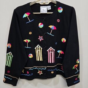 Michael Simon Lite Cardigan XL Black Beach Coastal Bright Whimsical Embroidered